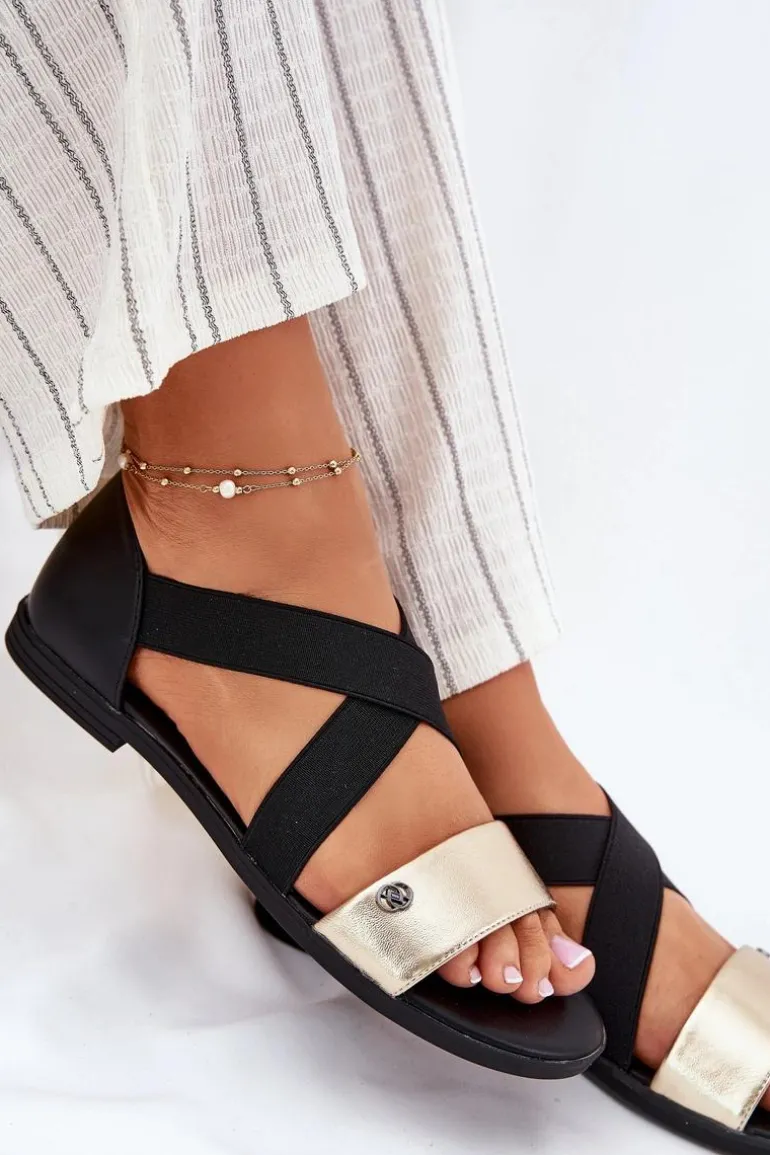 Sandały Damskie Płaskie Z Elastycznymi Paskami Czarno-Złote Marinea