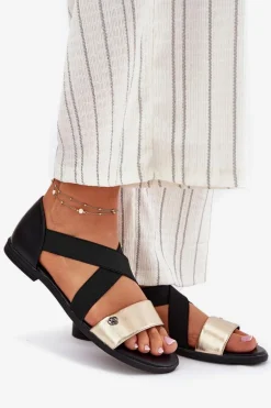 Sandały Damskie Płaskie Z Elastycznymi Paskami Czarno-Złote Marinea