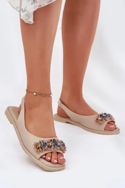 Sandały Damskie Płaskie Z Kryształkami S.Barski KV51-079 Beżowe