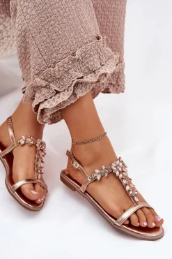 Sandały Damskie Płaskie Z Kryształkami Różowe Złoto Saane