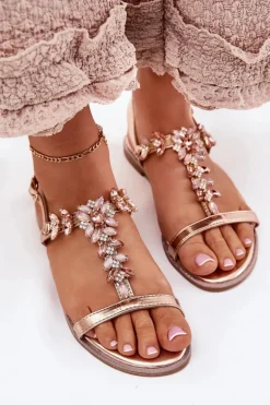 Sandały Damskie Płaskie Z Kryształkami Różowe Złoto Saane