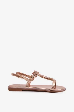 Sandały Damskie Płaskie Z Kryształkami Różowe Złoto Saane