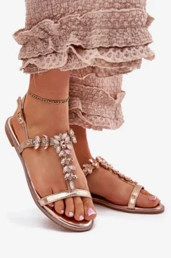 Sandały Damskie Płaskie Z Kryształkami Różowe Złoto Saane