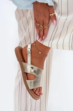 Sandały Damskie Płaskie Z Ozdobnym Detalem Vinceza 17378 Złote