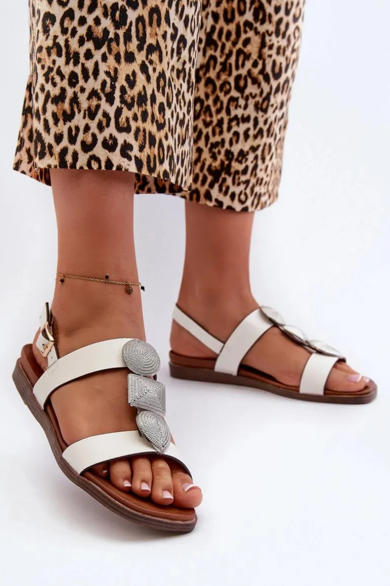 Sandały Damskie Płaskie Z Ozdobami Sergio Leone SK072H Białe