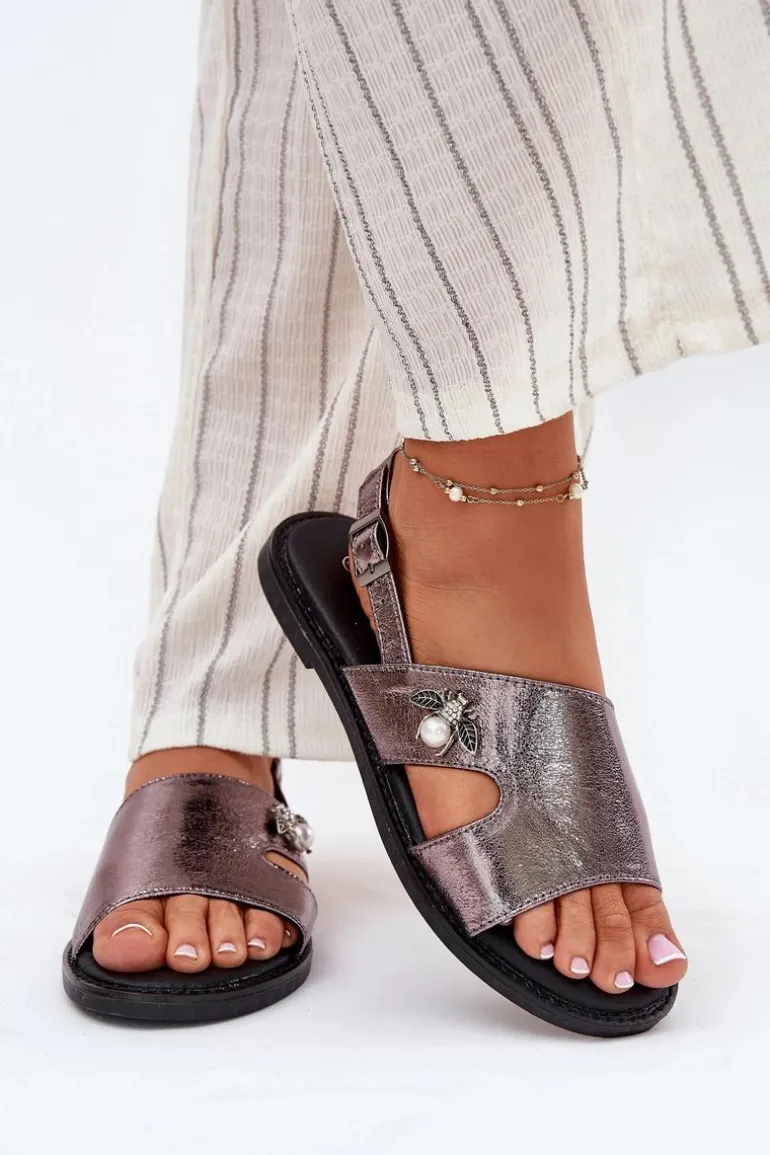 Sandały Damskie Płaskie Z Ozdobnym Detalem Vinceza 17378 Srebrne