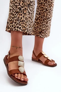 Sandały Damskie Płaskie Z Ozdobami Sergio Leone SK072H Brązowe