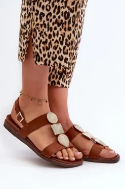 Sandały Damskie Płaskie Z Ozdobami Sergio Leone SK072H Brązowe