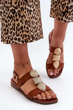 Sandały Damskie Płaskie Z Ozdobami Sergio Leone SK072H Brązowe