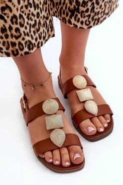 Sandały Damskie Płaskie Z Ozdobami Sergio Leone SK072H Brązowe
