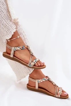 Sandały Damskie Płaskie Z Plecionymi Paskami I Przypinkami Artiker 54C1323 Złote