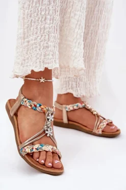 Sandały Damskie Płaskie Z Plecionymi Paskami I Przypinkami Artiker 54C1323 Złote