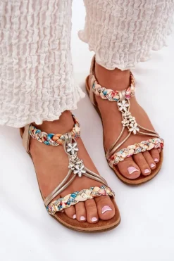 Sandały Damskie Płaskie Z Plecionymi Paskami I Przypinkami Artiker 54C1323 Złote