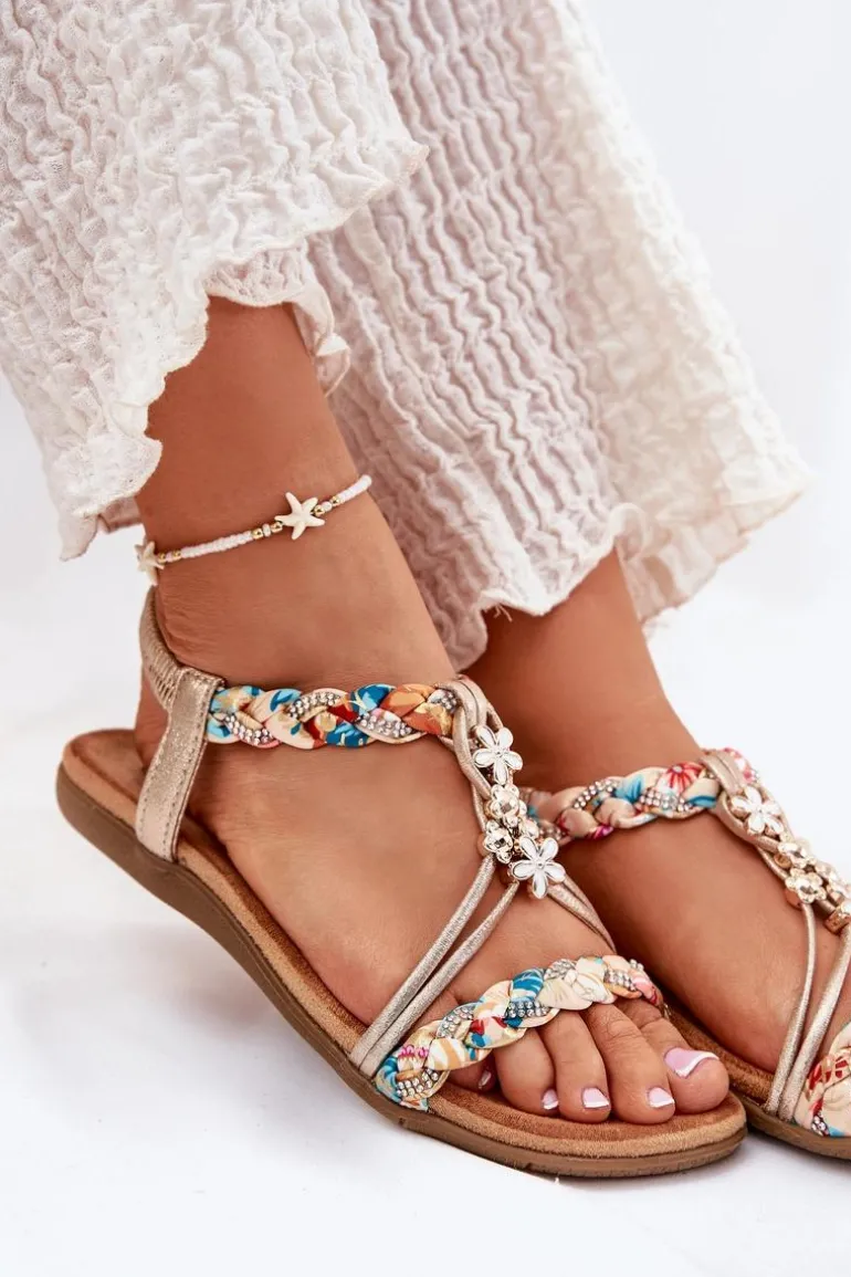 Sandały Damskie Płaskie Z Plecionymi Paskami I Przypinkami Artiker 54C1323 Złote