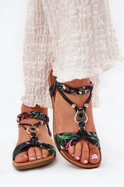 Sandały Damskie Płaskie Z Plecionymi Paskiem I Ozdobą Artiker 56C1318 Czarne