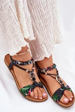 Sandały Damskie Płaskie Z Plecionymi Paskiem I Ozdobą Artiker 56C1318 Czarne