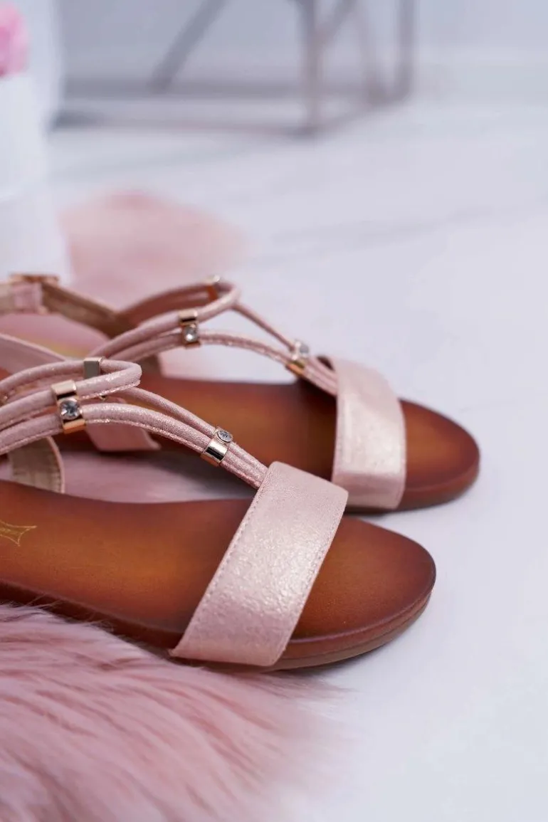 Sandały Damskie Płaskie Z Paskami i Cyrkoniami Różowe Madeline
