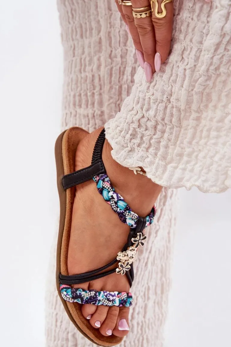 Sandały Damskie Płaskie Z Plecionymi Paskami I Przypinkami Artiker 54C1331 Czarne