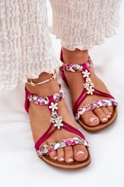Sandały Damskie Płaskie Z Plecionymi Paskami I Przypinkami Artiker 56C1314 Fuksja