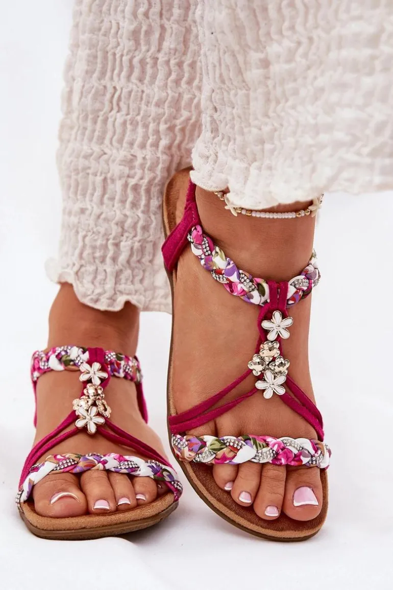 Sandały Damskie Płaskie Z Plecionymi Paskami I Przypinkami Artiker 56C1314 Fuksja