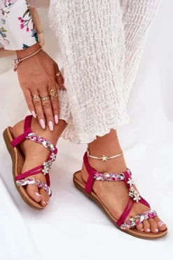 Sandały Damskie Płaskie Z Plecionymi Paskami I Przypinkami Artiker 56C1314 Fuksja