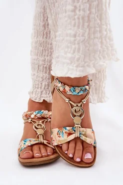 Sandały Damskie Płaskie Z Plecionymi Paskiem I Ozdobą Artiker 56C1316 Złote