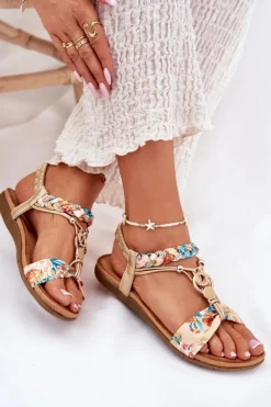 Sandały Damskie Płaskie Z Plecionymi Paskiem I Ozdobą Artiker 56C1316 Złote