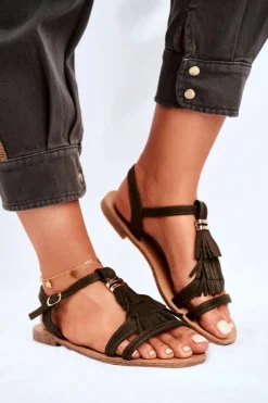 Sandały Damskie Płaskie Zamszowe Boho Oliwkowe Lucami