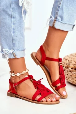 Sandały Damskie Płaskie Zamszowe Boho Czerwone Lucami