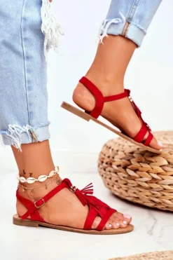 Sandały Damskie Płaskie Zamszowe Boho Czerwone Lucami