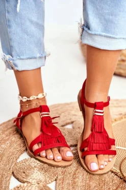 Sandały Damskie Płaskie Zamszowe Boho Czerwone Lucami