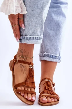 Sandały Damskie Płaskie Zamszowe Boho Brązowe Lucami