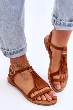 Sandały Damskie Płaskie Zamszowe Boho Brązowe Lucami