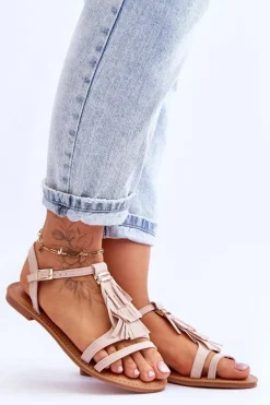 Sandały Damskie Płaskie Zamszowe Boho Beżowe Lucami