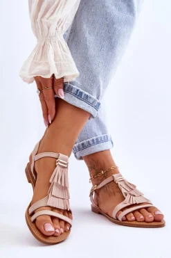 Sandały Damskie Płaskie Zamszowe Boho Beżowe Lucami