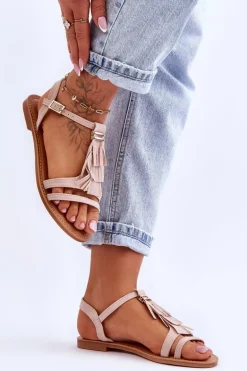 Sandały Damskie Płaskie Zamszowe Boho Beżowe Lucami