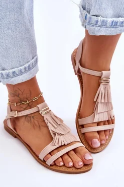 Sandały Damskie Płaskie Zamszowe Boho Beżowe Lucami