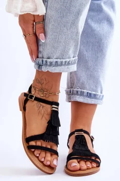 Sandały Damskie Płaskie Zamszowe Boho Czarne Lucami