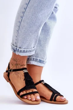 Sandały Damskie Płaskie Zamszowe Boho Czarne Lucami