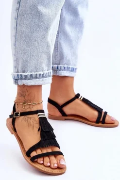 Sandały Damskie Płaskie Zamszowe Boho Czarne Lucami