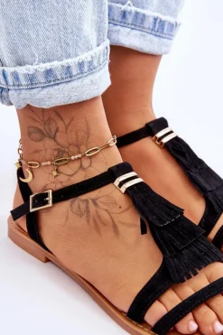 Sandały Damskie Płaskie Zamszowe Boho Czarne Lucami