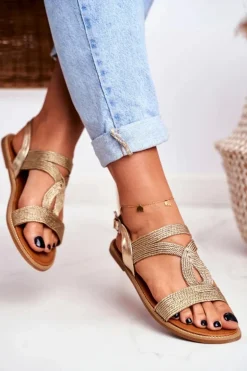 Sandały Damskie Płaskie Złote Rachel