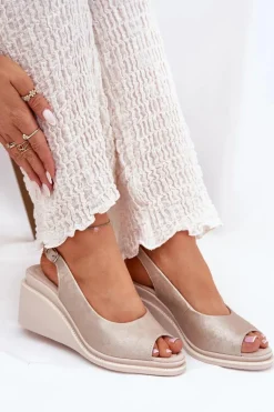 Sandały Damskie Skórzane Na Koturnie S.Barski LR51-539 Złote