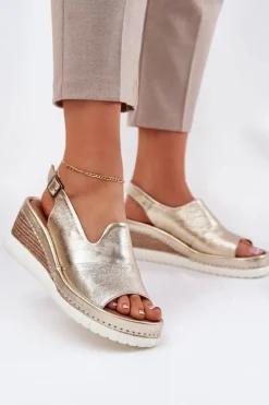 Sandały Damskie Skórzane Na Koturnie Artiker 56C0920 Złote