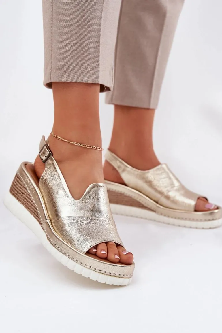 Sandały Damskie Skórzane Na Koturnie Artiker 56C0920 Złote