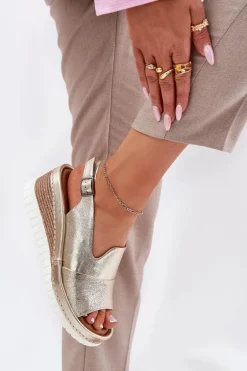 Sandały Damskie Skórzane Na Koturnie Artiker 56C0920 Złote