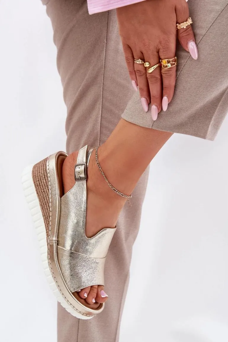 Sandały Damskie Skórzane Na Koturnie Artiker 56C0920 Złote