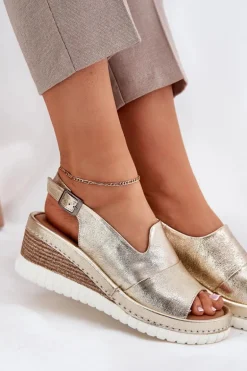 Sandały Damskie Skórzane Na Koturnie Artiker 56C0920 Złote