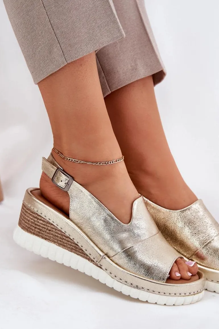 Sandały Damskie Skórzane Na Koturnie Artiker 56C0920 Złote