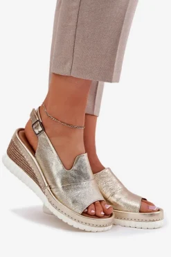 Sandały Damskie Skórzane Na Koturnie Artiker 56C0920 Złote
